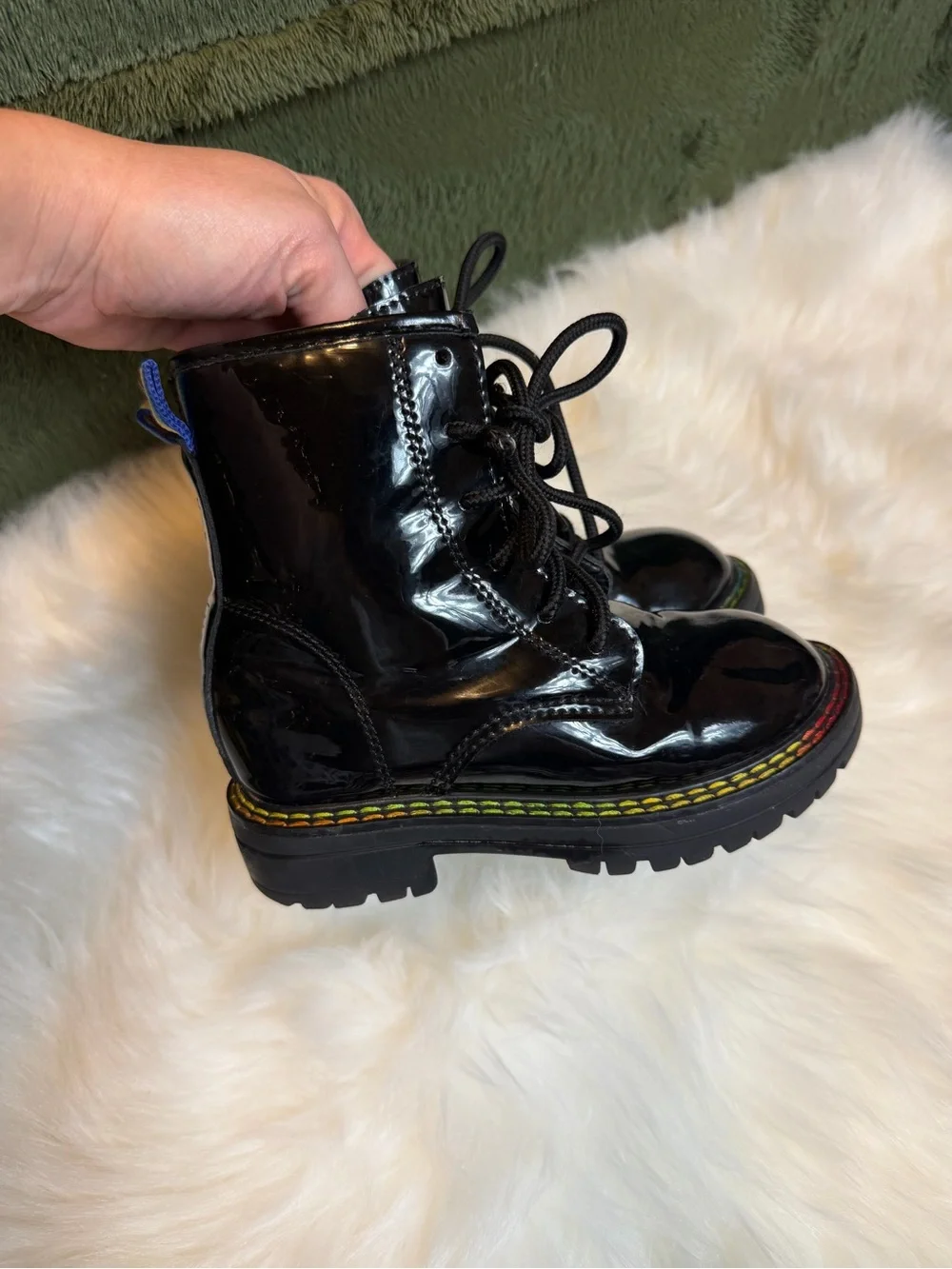 Kurt Geiger London Kids Mini Birdie Black Patent & Rainbow Combat Boots Size 10C